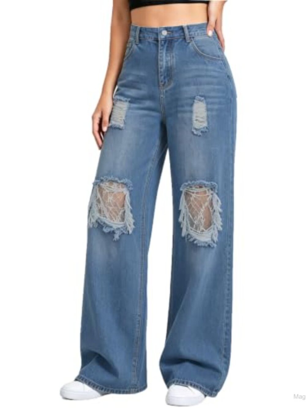 Baggy Wide Leg Distressed Jeans for Women Mid Rise Stretchy Pull On Denim Pants